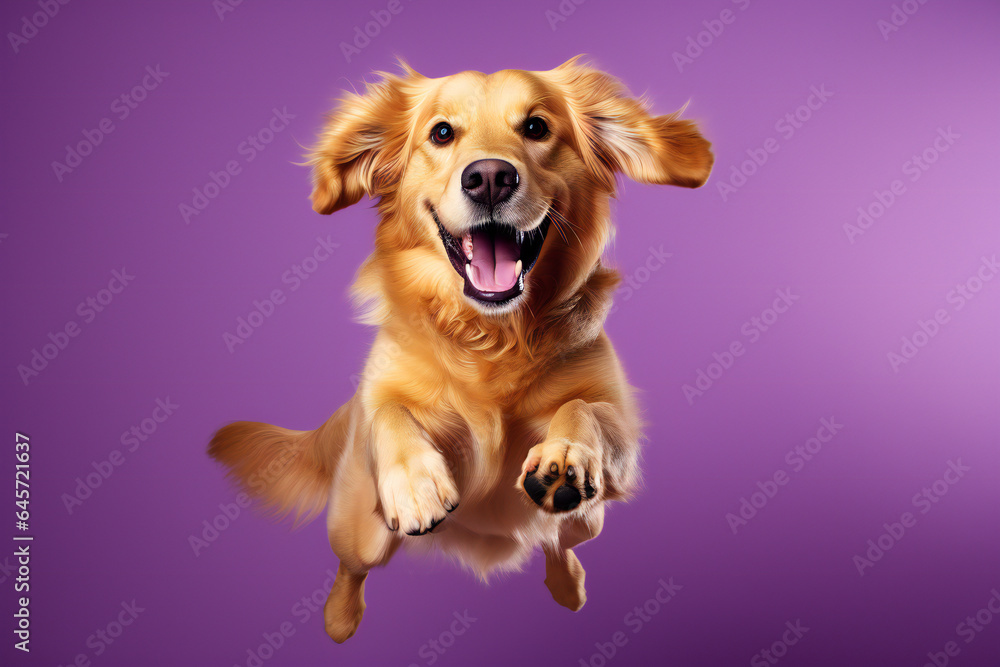 Happy Golden Retriever dog jumping on purple background