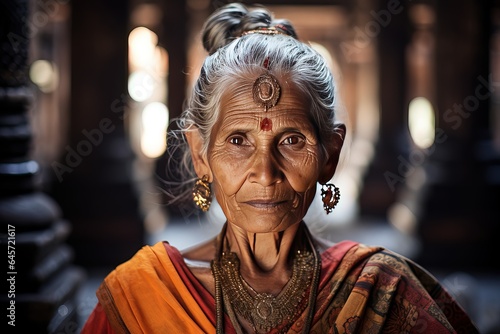 Close-up portrait of an elder Indian woman. A beautiful elder woman in a traditional Hindu dress and jewelry looking at camera.