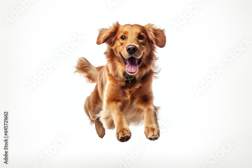 Happy Golden Retriever dog jumping on white background