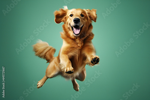 Happy Golden Retriever dog jumping on green background