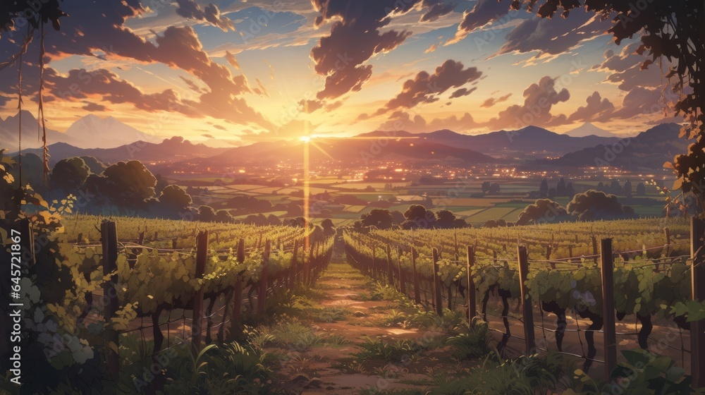 A picturesque vineyard with rows of grapevines and a beautiful sunset in the background manga cartoon style