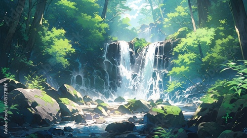 A picturesque waterfall hidden deep in the forest, surrounded by vibrant foliage manga cartoon style