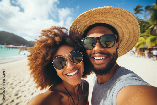 Generative AI image of funny couple traveling together in beautiful nature enjoying summer autumn season and taking selfies