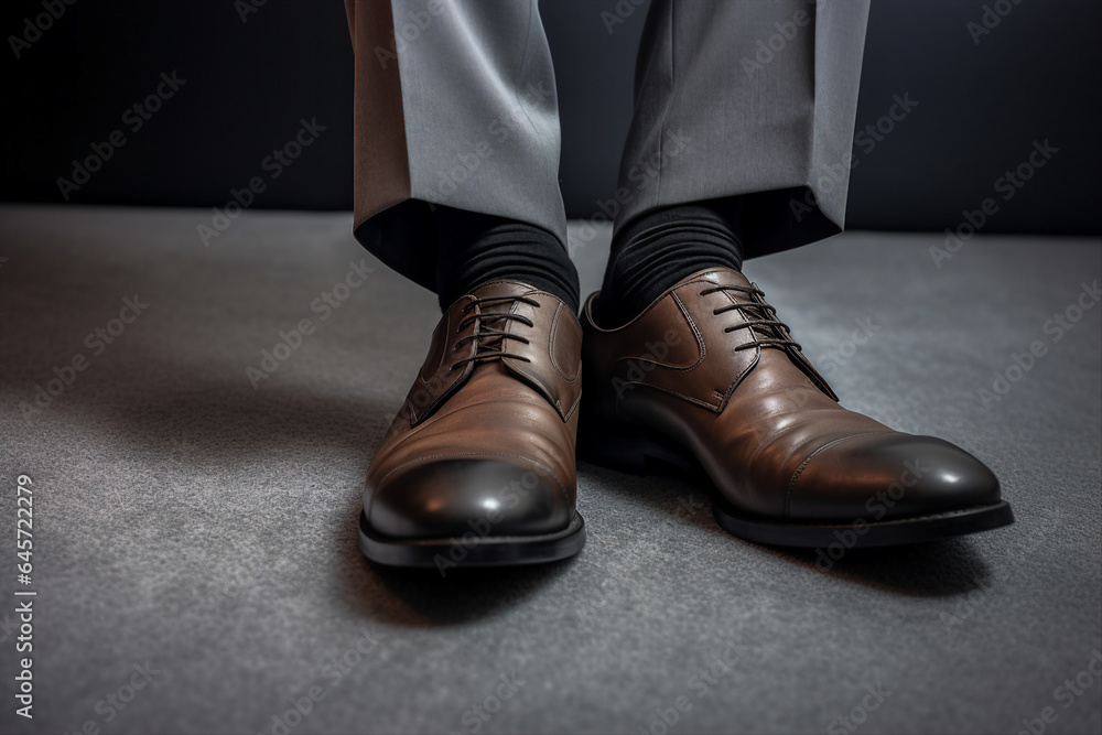 Close up generative AI photography of man going to the office in classic leather shoes Close up generative AI photography of man going to the office in classic leather shoes