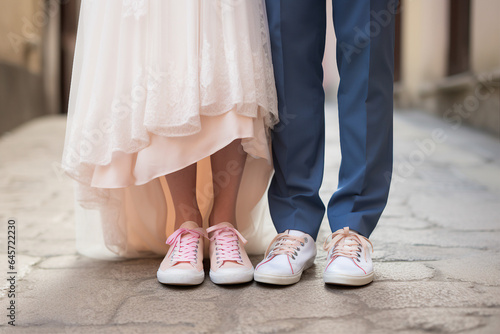 Close up generative AI photo of married people wife and husband in comfort shoes on wedding ceremony in the park