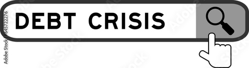 Search banner in word debt crisis with hand over magnifier icon on white background