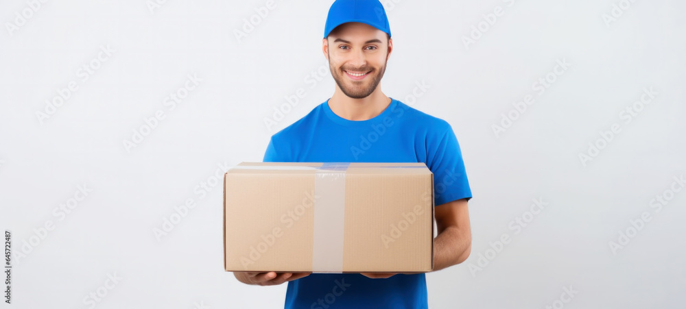 Young courier, the delivery man, holds an empty cardboard box isolated on a white background Young courier, the delivery man, holds an empty cardboard box isolated on a white background