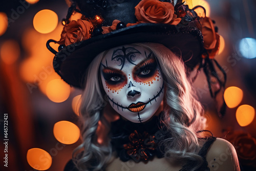 Portrait of beautiful woman daark witch halloween catrina made with Generative AI