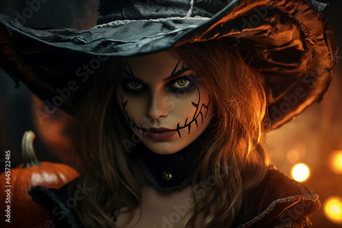 Portrait of beautiful woman daark witch halloween catrina made with Generative AI photo