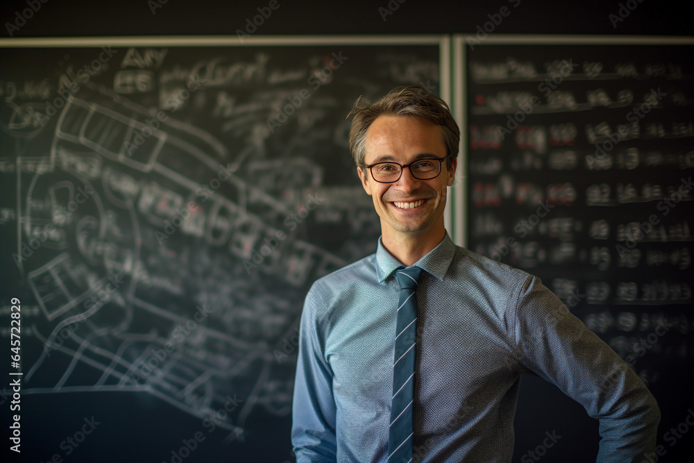Photo of professional school teacher standing in class room in front of chalkboard with mathematical formulas generative AI Photo of professional school teacher standing in class room in front of chalkboard with mathematical formulas generative AI