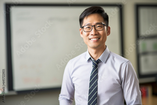 Picture made with generative AI photography of happy successsful man standing in a contemporary office looking at camera