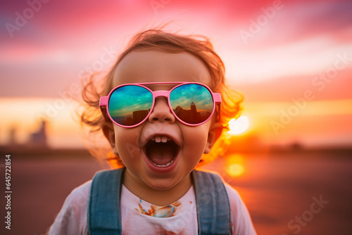 Generative AI photo of adorable cheerful baby in big glasses walking outside the evening sunset