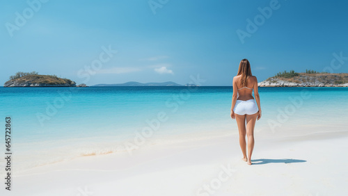 Beautiful young woman on a sandy tropical sea beach  view from the back. Generative AI