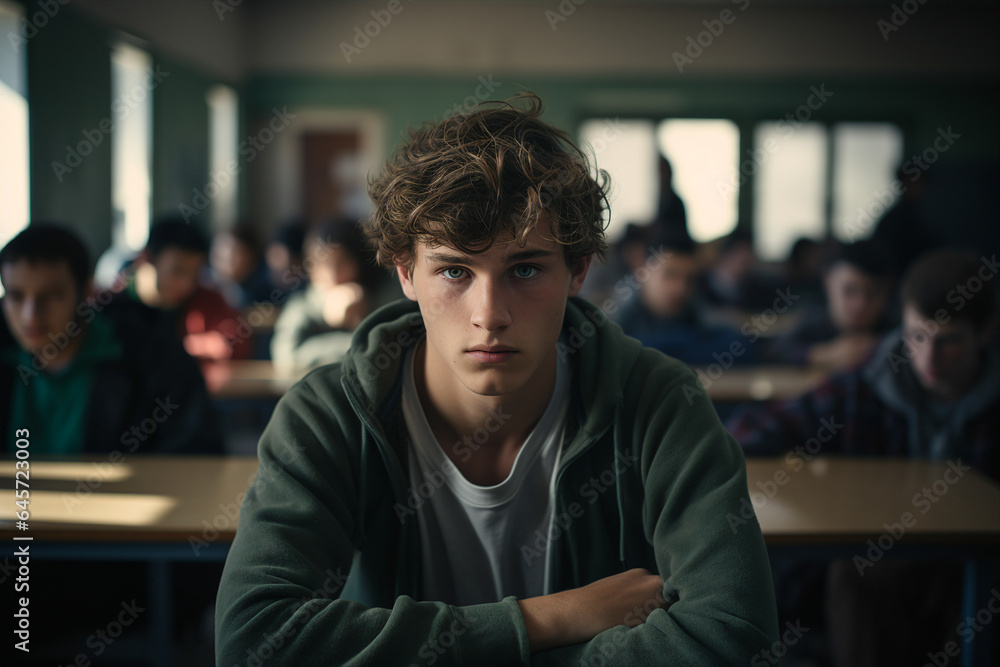 Generated by AI photography of a depressed school boy sitting alone at the desk listening to lessons suffering from discrimination in college Generated by AI photography of a depressed school boy sitting alone at the desk listening to lessons suffering from discrimination in college