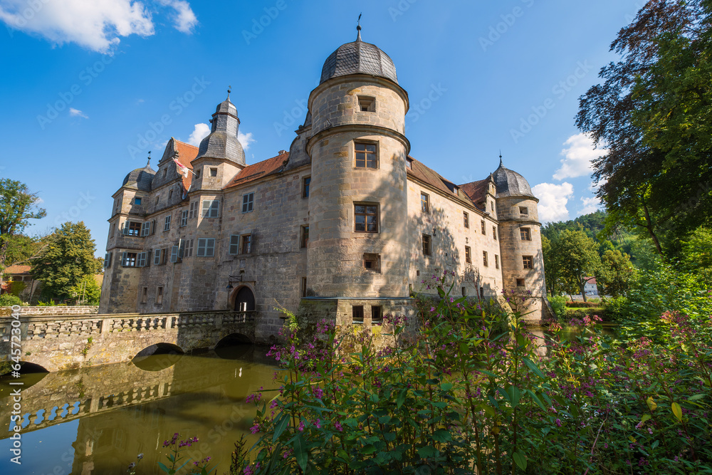 View of the moated castle in Mitwitz/Germany in Upper Franconia, located between Kronach and Coburg