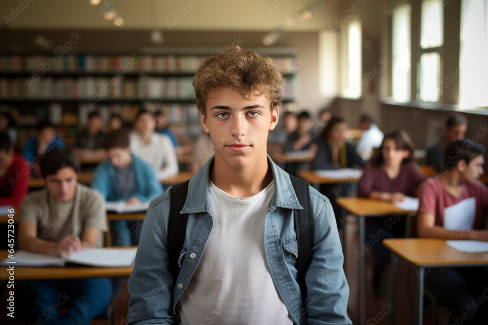 Fototapeta premium Photography of confident intelligent student with brown hair in classroom educational environment background generated by AI