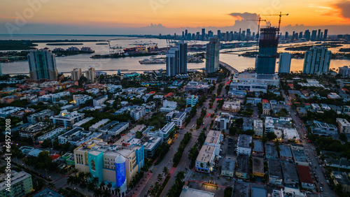 Miami South beach at sunset aerial 