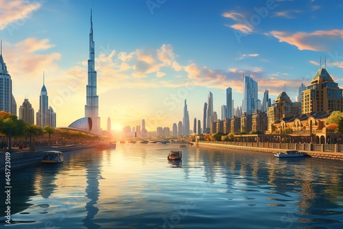 Dubai picture style  art. Cityscape  A panoramic view of Dubai s skyline  captured from a distance.