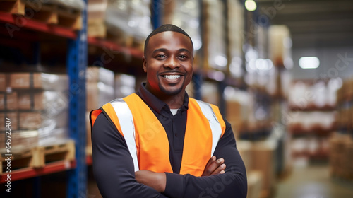 Worker in at the warehouse background, black African smiling man,copy space