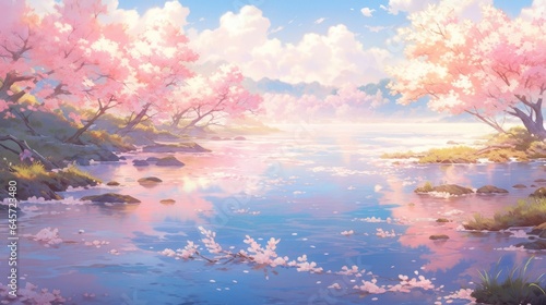 A tranquil lake surrounded by cherry blossom trees, their petals gently falling on the water's surface manga cartoon style