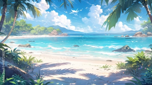 A tropical paradise with palm trees swaying in the breeze and crystal-clear turquoise waters manga cartoon style