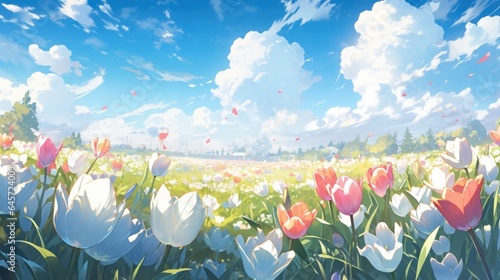 A vibrant field of tulips in full bloom, with a clear blue sky above manga cartoon style #645724009