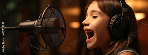 Little girl singing against a dark background with dimmed lights