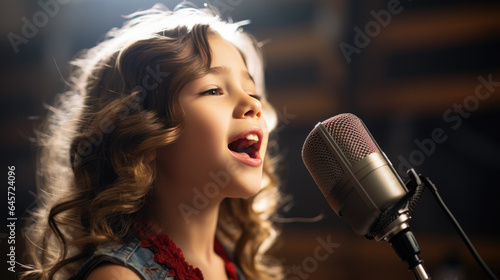 Little girl singing against a dark background with dimmed lights