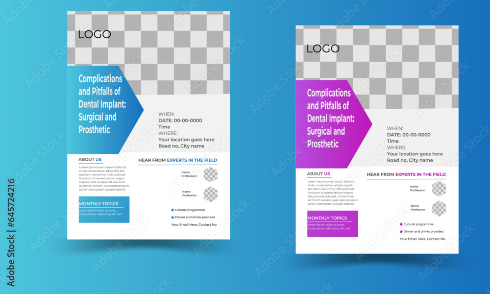 Medical flyer template design, space for photo background, a bundle of 2 templates of different colors a4 size. Medical flyer template design, space for photo background, a bundle of 2 templates of different colors a4 size.