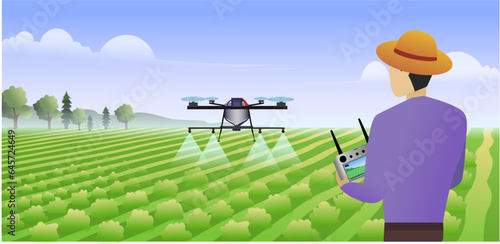 farmer controlling drone spraying chemical pesticide on farm field, farmer spraying fertilizer using drone vector illustration, agricultural industry concept