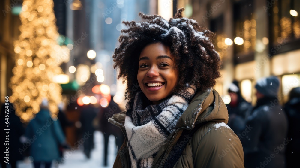 beautiful black woman in big city at christmas, snowing in city, female with afro hair, bokeh background, generative ai beautiful black woman in big city at christmas, snowing in city, female with afro hair, bokeh background, generative ai