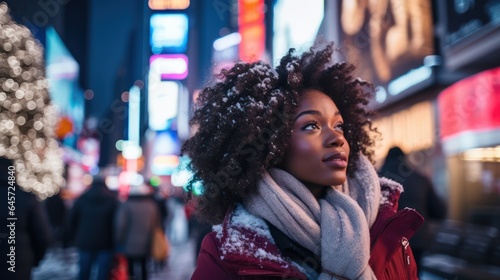 beautiful black woman in big city at christmas, snowing in city, female with afro hair, bokeh background, generative ai