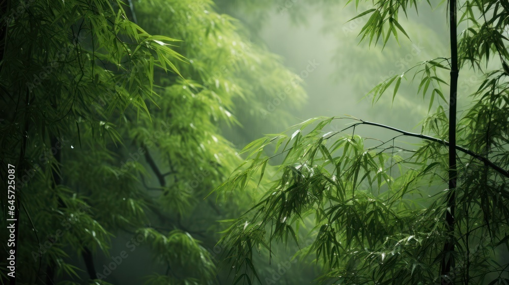 Vertical lines of a bamboo forest shrouded in misty haze. morning mist, zen world