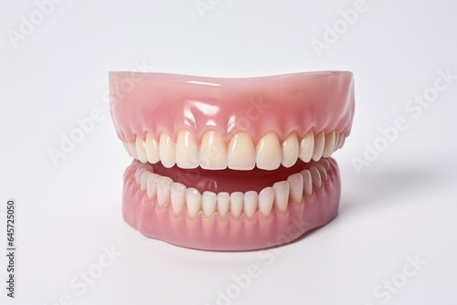 Teeth model with orthodontic denture on white background.Generative AI