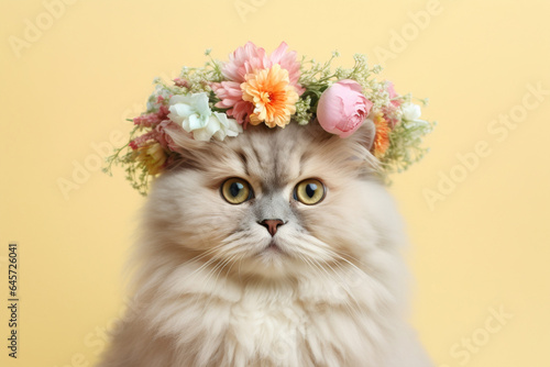 Persian cat with flowers on head on yellow background
