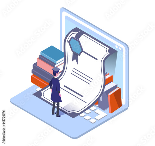 vector isometric illustration of   graduate at online 
