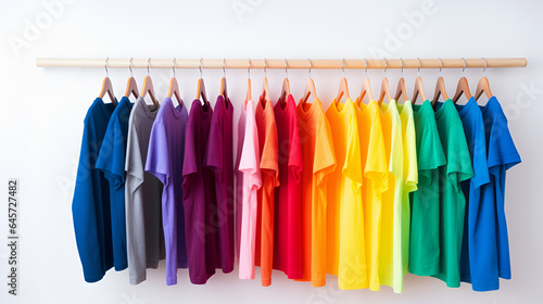 Colorful t-shirts hang in front of white wall in studio.