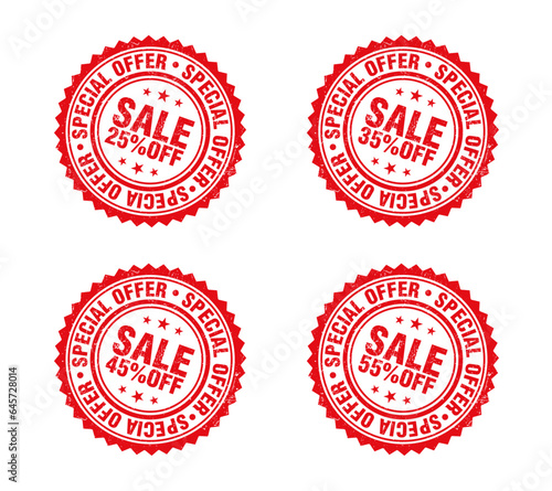 Red grunge stamp set. Special offer sale 25, 35, 45, 55 percent off