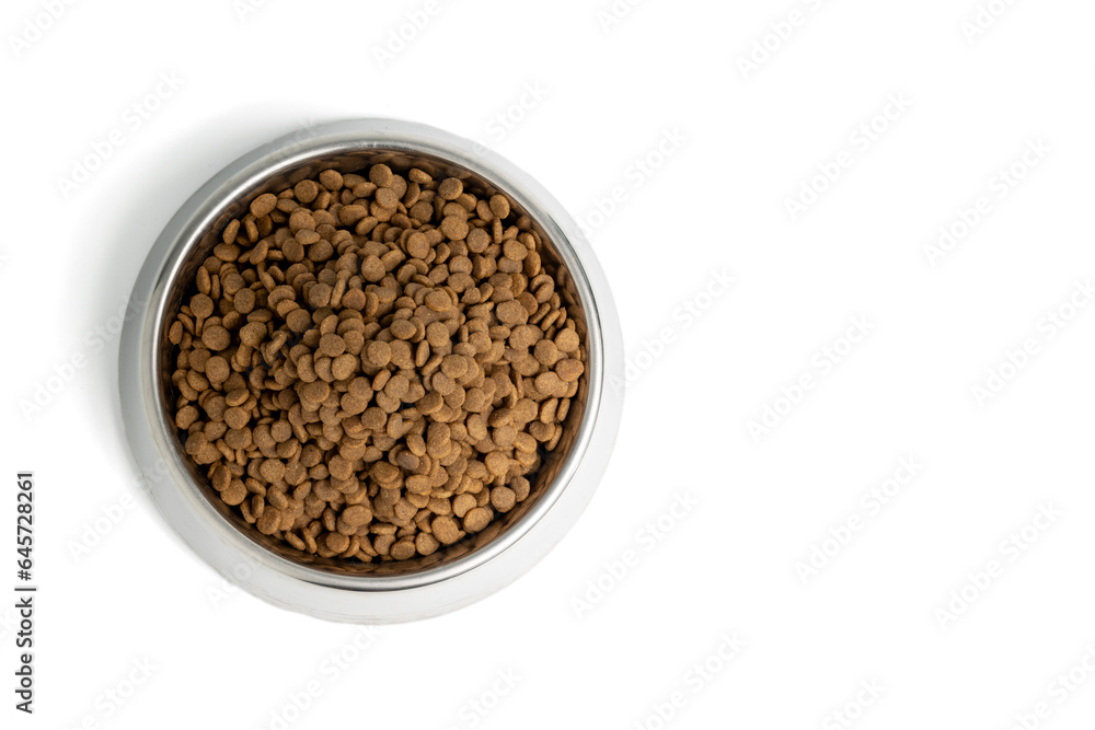 Top view of the Cat food in bowl isolate on white background with clipping path. Pet pellet food in stainless steel bowl with copy space. Top view of the Cat food in bowl isolate on white background with clipping path. Pet pellet food in stainless steel bowl with copy space.