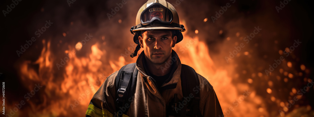 Portrait of a male firefighter in equipment against the background of a fire Portrait of a male firefighter in equipment against the background of a fire