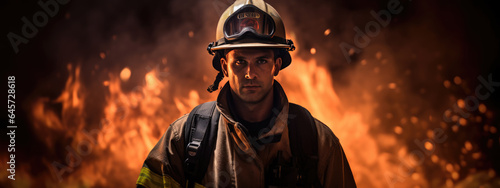 Portrait of a male firefighter in equipment against the background of a fire