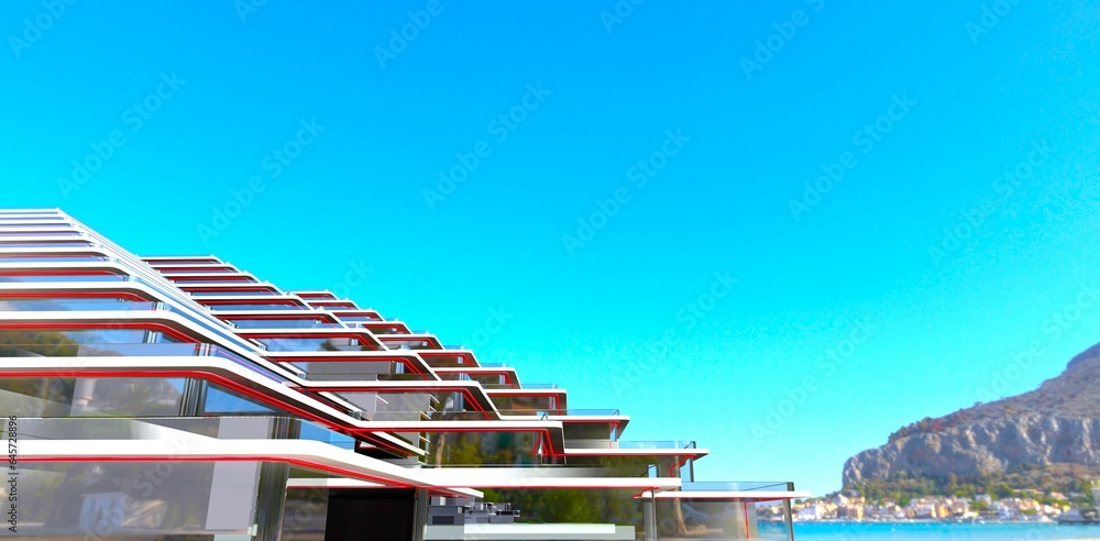 Newly constructed modern hotel on the Adriatic sea shore in Dubrovnik. 3d rendering.