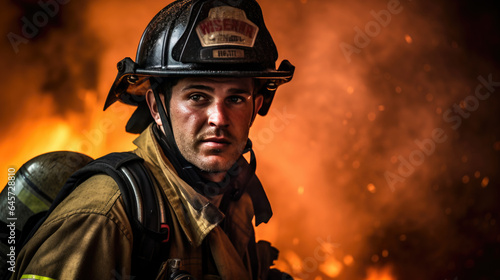 Portrait of a male firefighter in equipment against the background of a fire © MP Studio