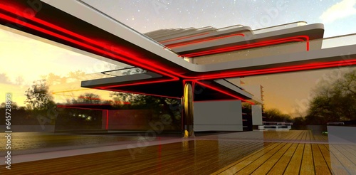 Night view of the contemporary terrace. Decked floor reflected in glass facade with red glowing elements. 3d rendering.
