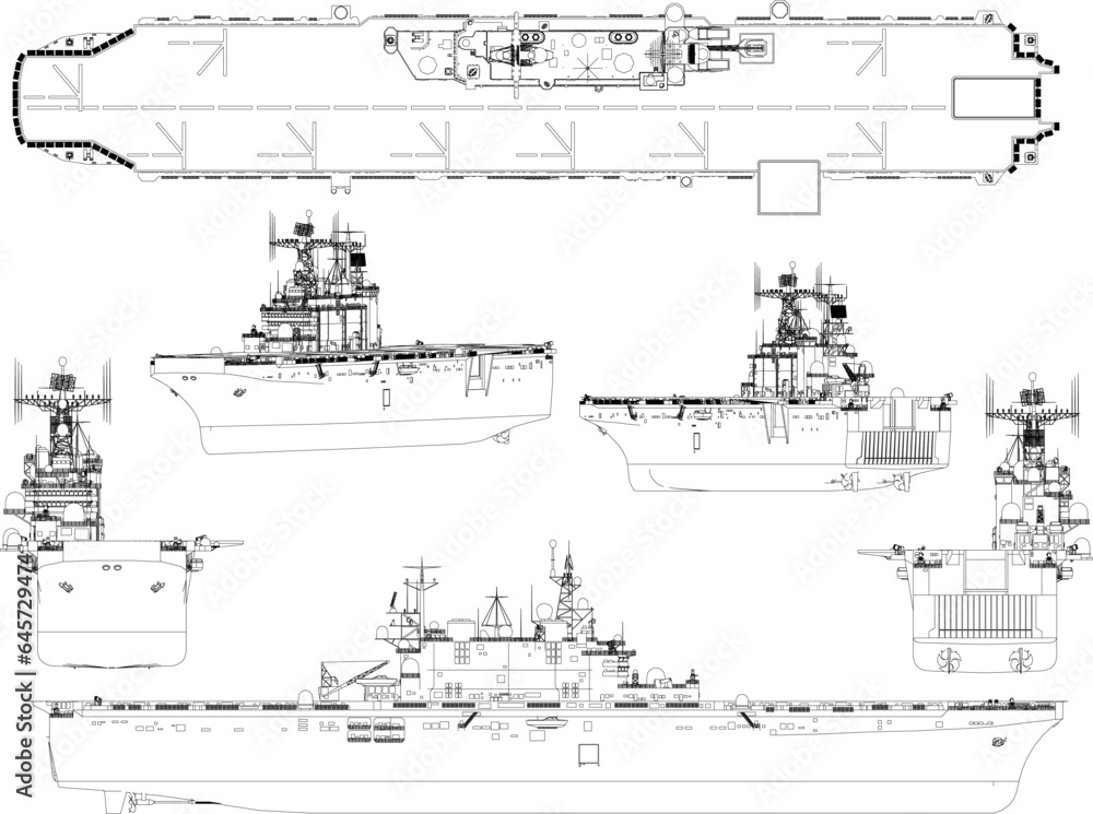 Detailed vector sketch of an aircraft carrier battle vehicle full of war weapons