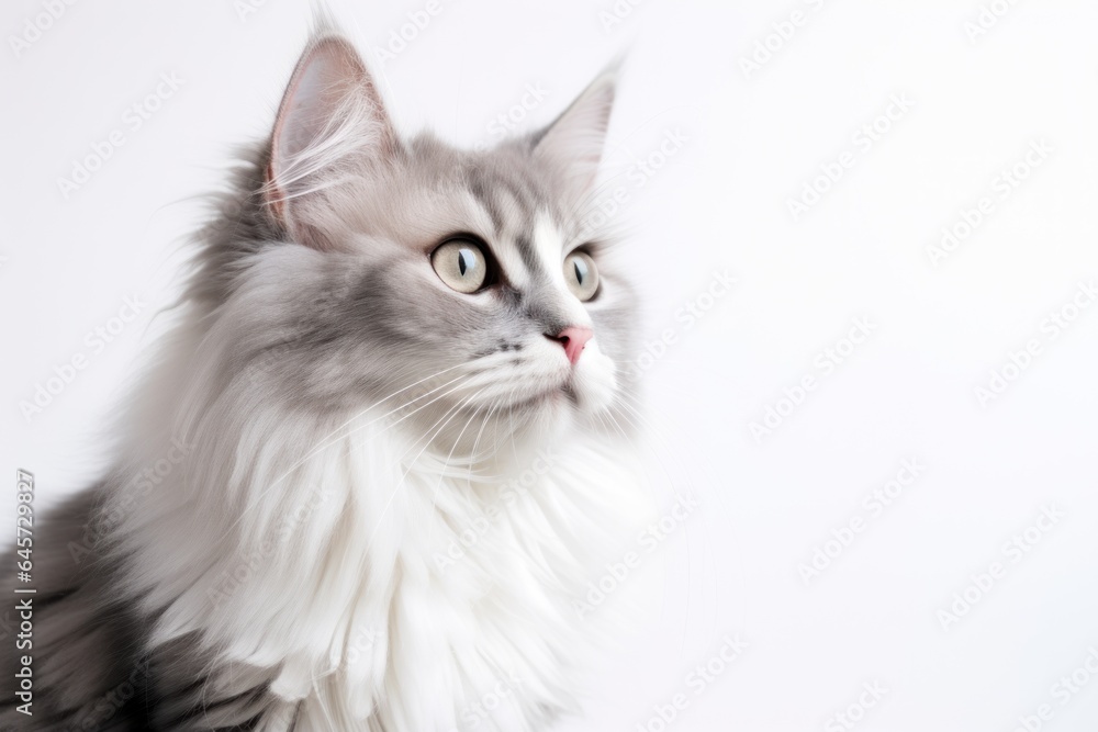 light gray and white long fur cat on white background with copy space for writing text