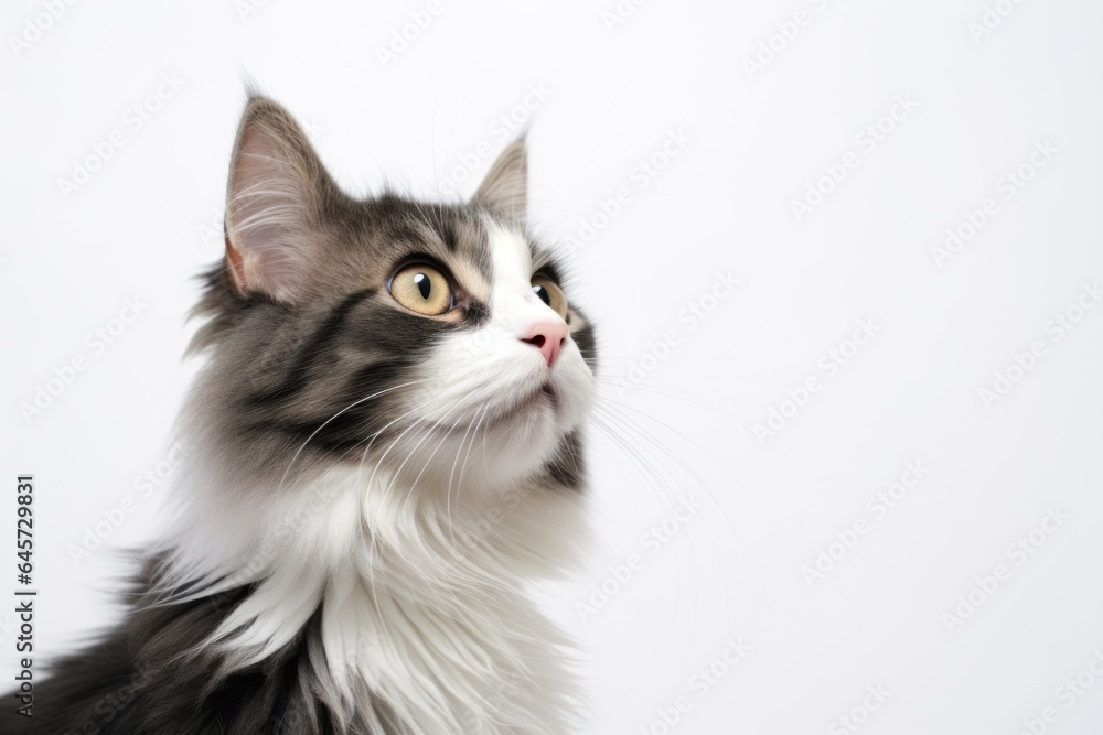 grey and white long haired cat on white background with copy space for writing text