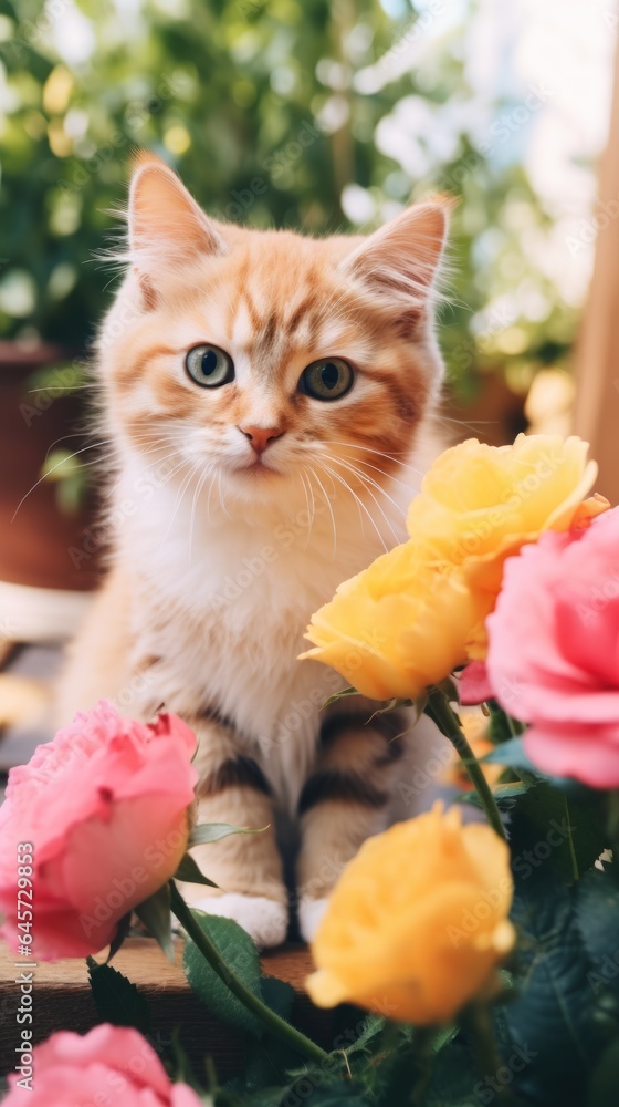 pretty cat with flowers outside in a garden