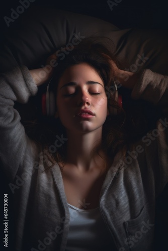 woman listening to headphones in bed in the dark instead of sleeping