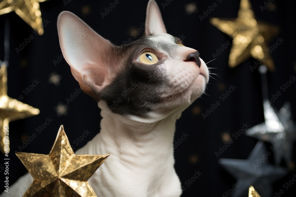 portrait of a cornish rex cat at christmas with festive golden stars